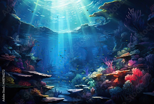 Underwater coral reef and fish in the sea.