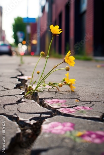 tiny flowers emerging through cracks in pavement, created with generative ai © altitudevisual
