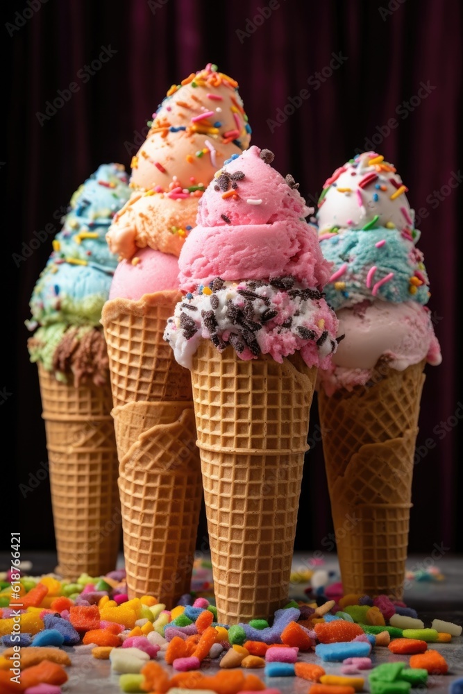 ice cream cones with various flavors and sprinkles, created with generative ai