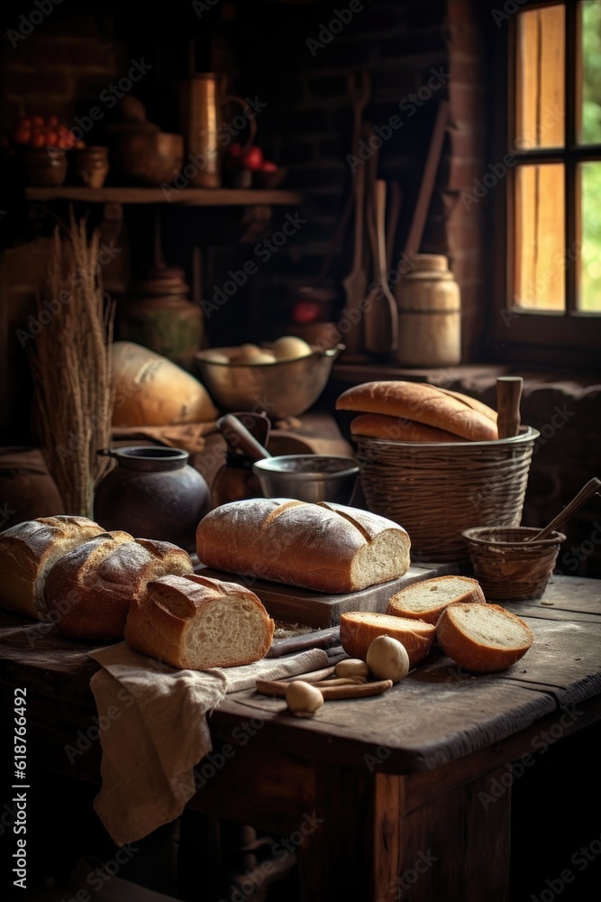 Fototapeta premium freshly baked bread on a rustic wooden table, created with generative ai