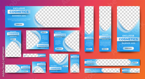 Cosmetic banners ads with a place for photos. Vertical, horizontal and square template. blue background. vector