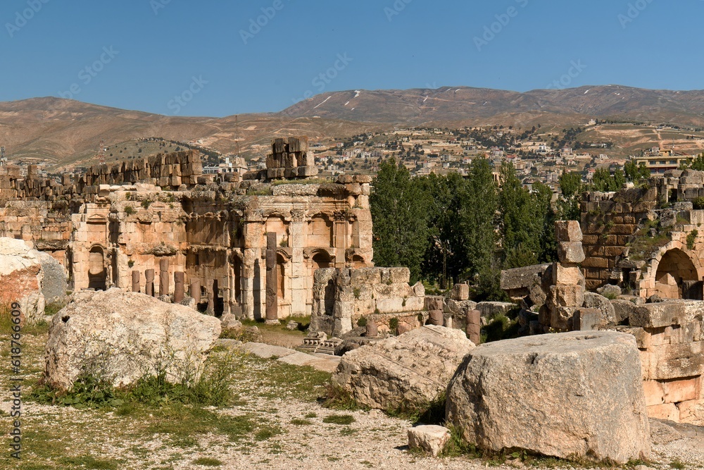 Ruins of the ancient Baalbek city built in the 1st to 3rd centuries. Today UNESCO monuments. View of ancient Heliopolis's temple complex. Lebanon.
