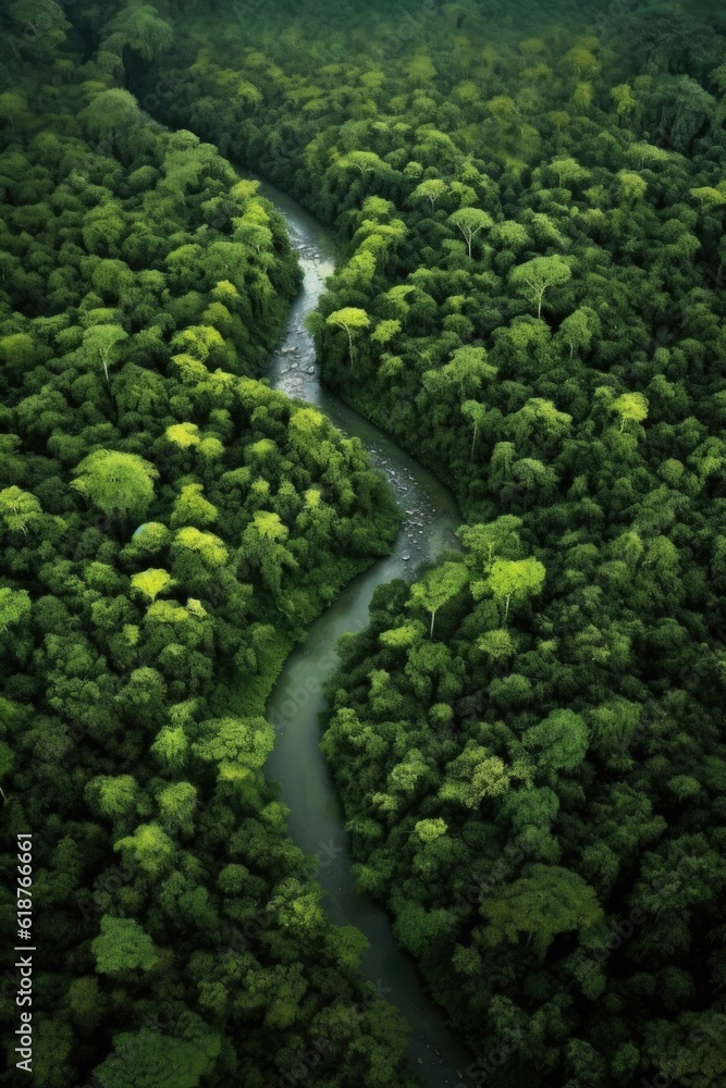 aerial view of lush green forest and winding river, created with generative ai