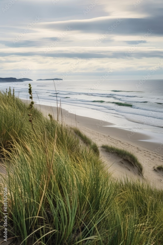 grassy sand dunes at the beach with ocean in the background, created with generative ai grassy sand dunes at the beach with ocean in the background, created with generative ai