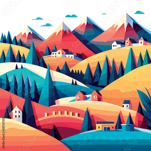 Various little tiny houses, trees and mountains. Paper cutout style. EPS-10