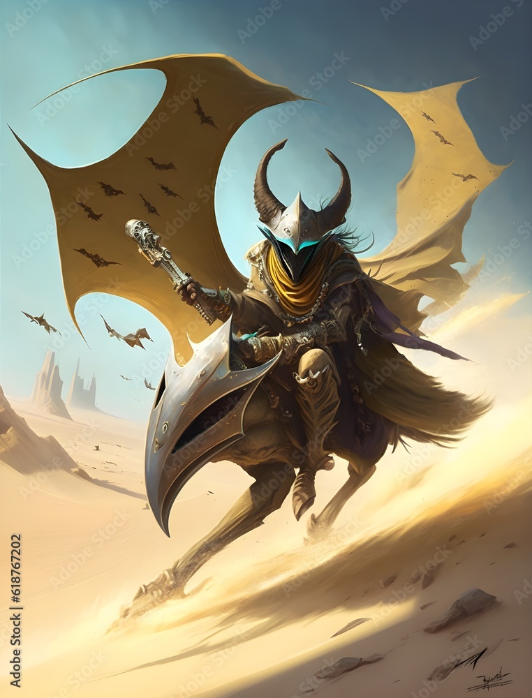 a savage desert elf barbarian riding a huge manta ray emerginf fro mthe