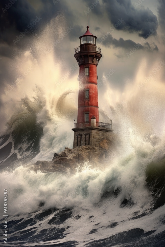 dramatic waves crashing against a lighthouse, created with generative ai