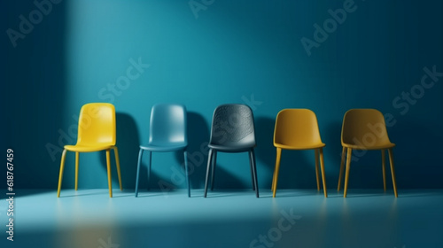 several blue and yellow chairs line up against a blue background photo  in the style of yellow and amber