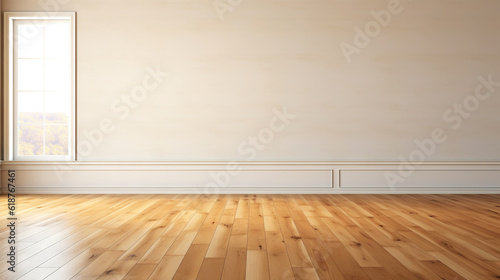 Beige wall empty apartment room with wooden floor. Copy space for product placement. Generative AI