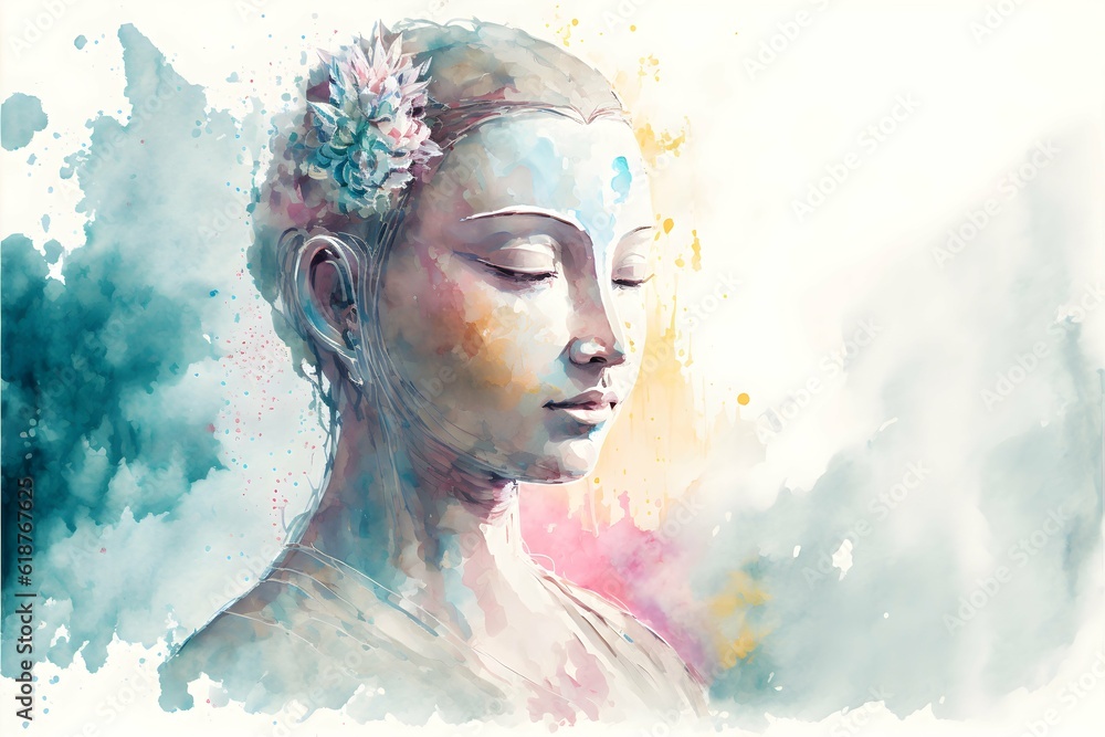 digital art watercolor capturing the peaceful mindfulness emotion and meditation with emphasis on the use of soft colors and flowing brushstrokes expressing tranquility and peace 