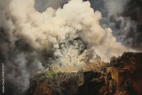 smoke and ash billowing from a volcanic crater, created with generative ai