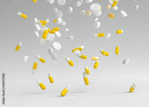 pills falling down, trendy levitation illustration created with generative ai technology