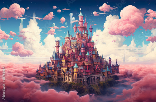 Strange colorful fantastic town mythical city with colorful houses generative AI illustration. Fairy tale fantasy adventure concept photo