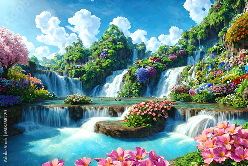 Paradise land with beautiful  gardens, waterfalls and flowers, magical idyllic background with many flowers in eden.