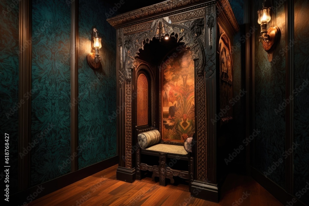 confessional booth with ornate wooden carving, created with generative ai