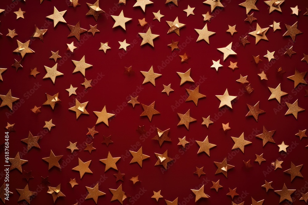 Fototapeta premium Elegant golden Christmas stars forming a beautiful pattern on a deep red backdrop, perfect for holiday themed designs