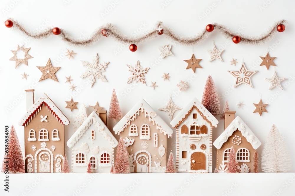Christmas decorations arranged artfully on a wooden background