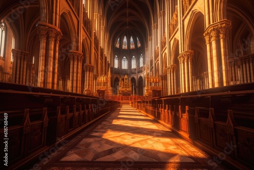 wide-angle view of the cathedrals nave, created with generative ai