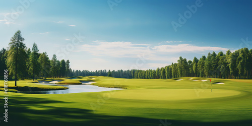 Panoramic view of Golf Course. Golf field with a rich green turf beautiful scenery. Generative AI
