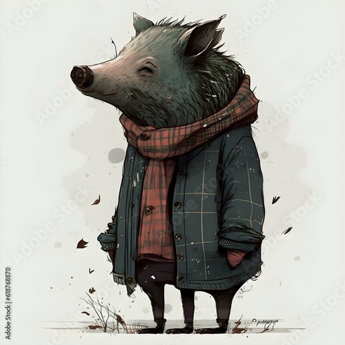 wild boar character brutal impudent piercing tattoo hipster tall lanky in a human winter sweater a shirt and a scarf around the neck a threequarter turn of the hands in the pockets in the third  photo