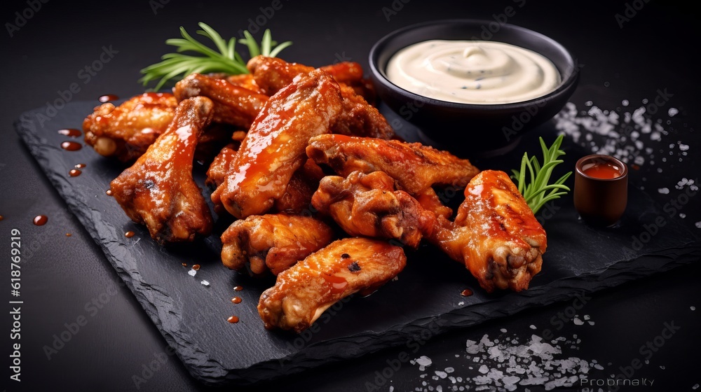 Hot and spicy bbq chicken wings with dip and hot sauce on black stone plate Generative AI Hot and spicy bbq chicken wings with dip and hot sauce on black stone plate Generative AI