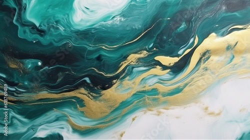 Acrylic Fluid Art. Dark green waves in abstract ocean and golden foamy waves. Marble effect background Generative AI