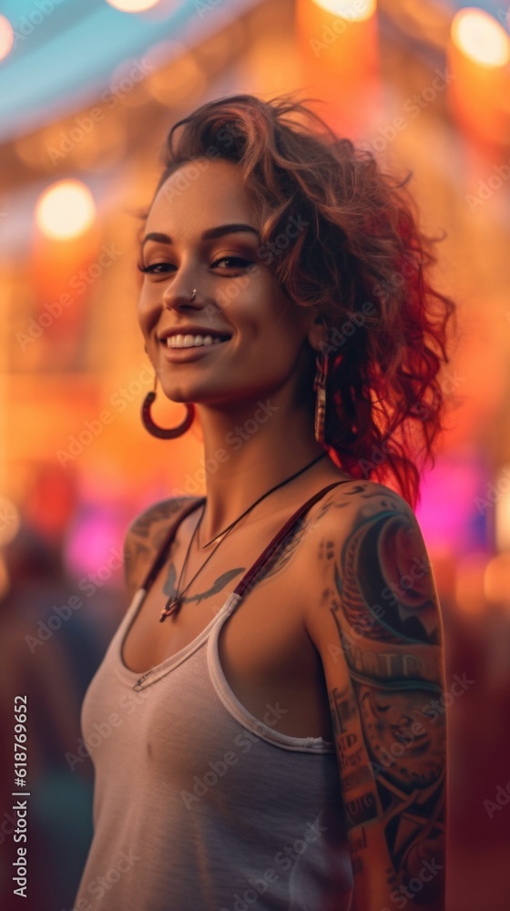 Attractive young Caucasian female with tattoos at a festival, AI-generated.