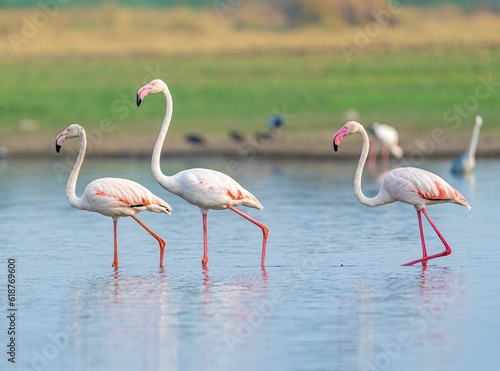 Large group of vibrant pink flamingos wading through the still waters of a scenic pond