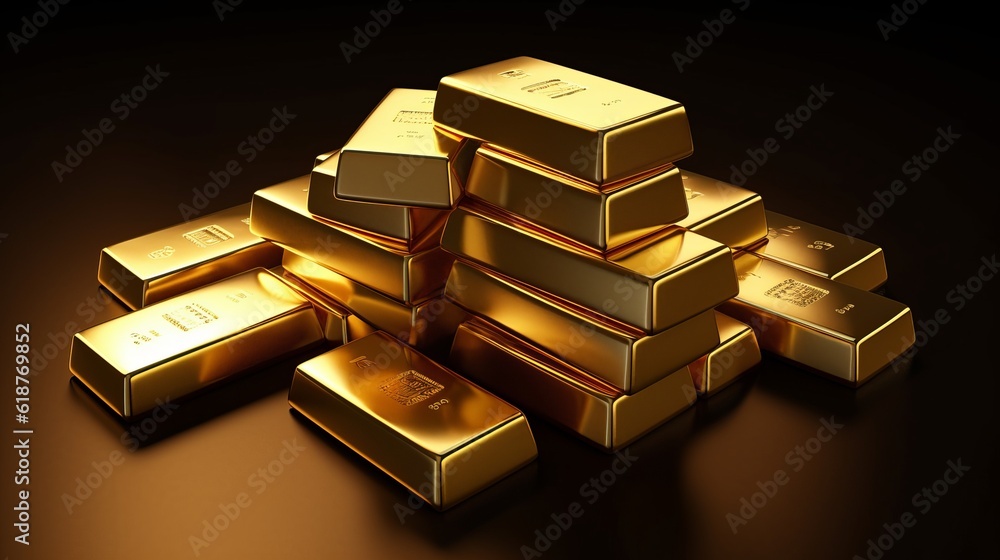 Gold bullion stack. Set of gold bars. Generative AI