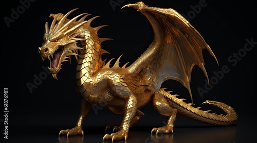 Full body gold dragon in bend body pose with 3d rendering Generative AI
