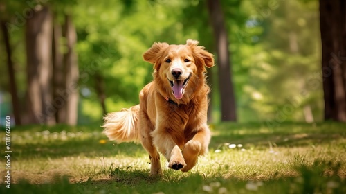 golden retriever playing and running in park Generative AI photo