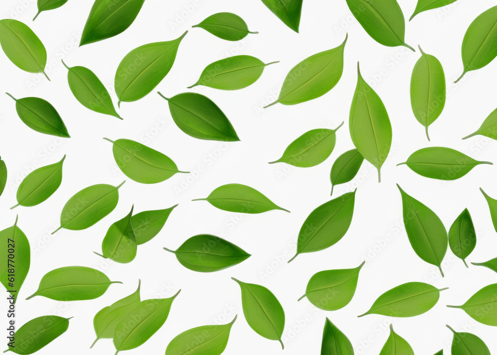 fresh leaves flying around over white background, trendy levitation illustration created with generative ai technology