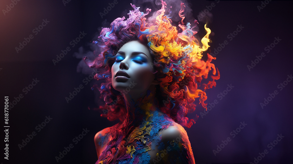 Wunderschönes Frauen Gesicht mit bunten schwebenden Haar auf dunklen Untergrund Nahaufnahme, ai generativ
