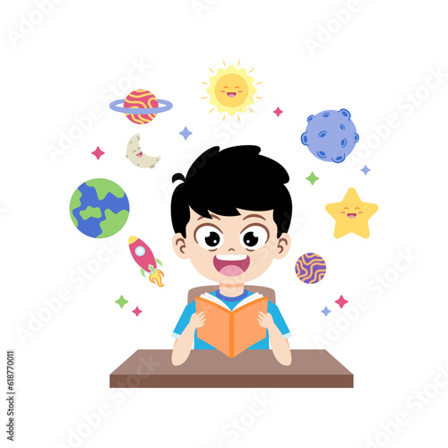 Happy cute kid boy study planet and science