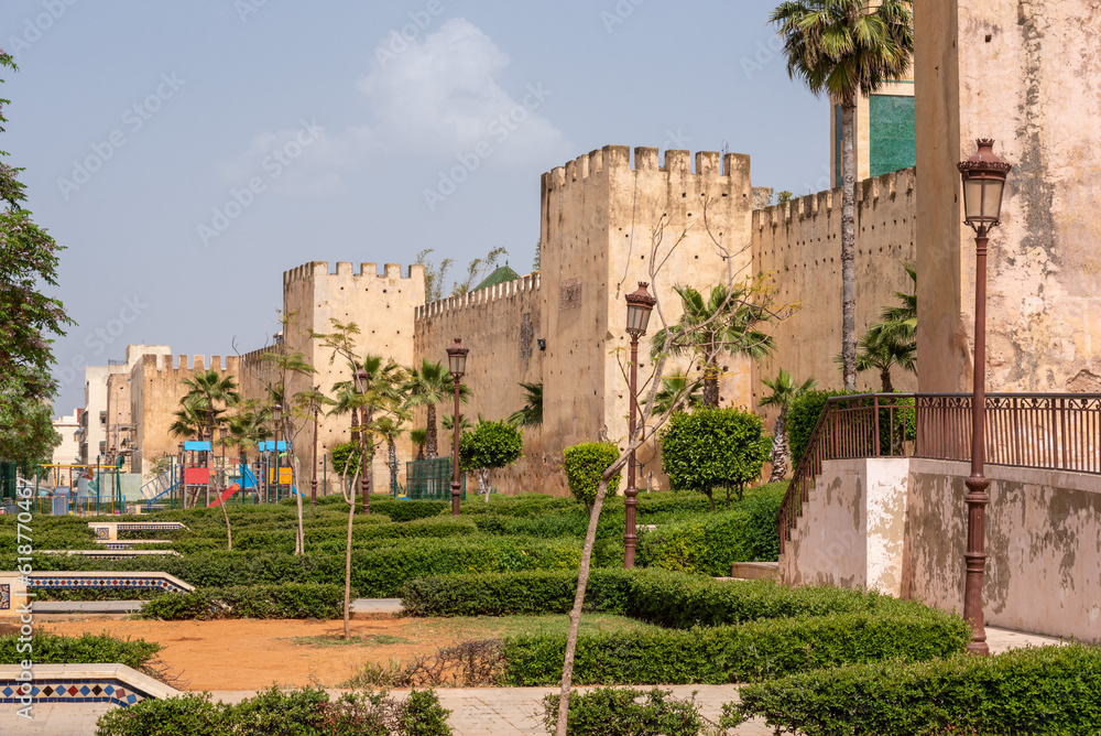 Strong old city wall around downtown Meknes