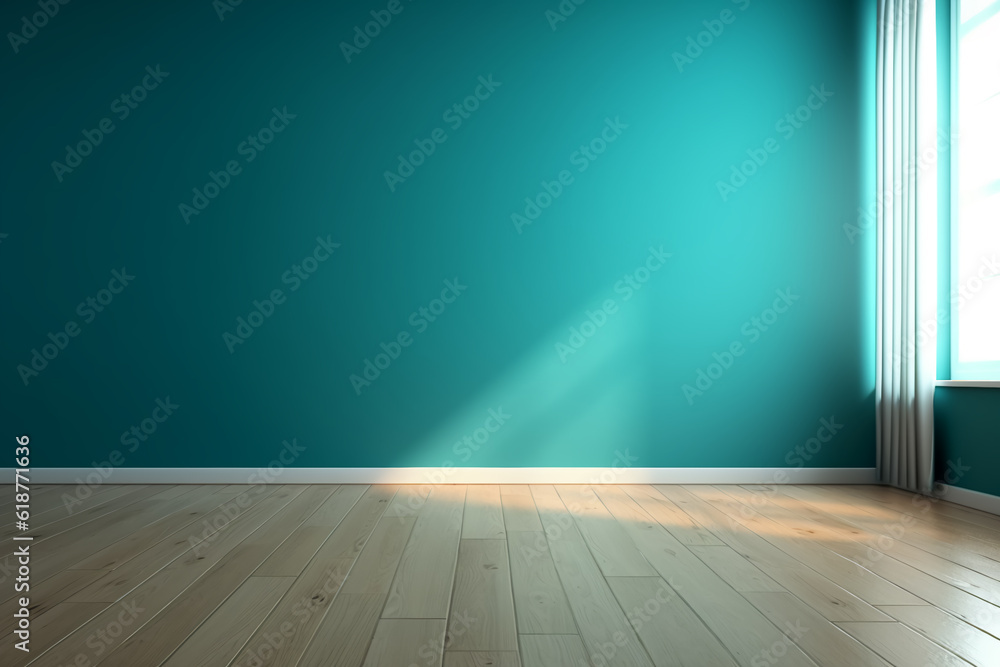 Blue turquoise empty wall and wooden floor with interesting with glare Blue turquoise empty wall and wooden floor with interesting with glare