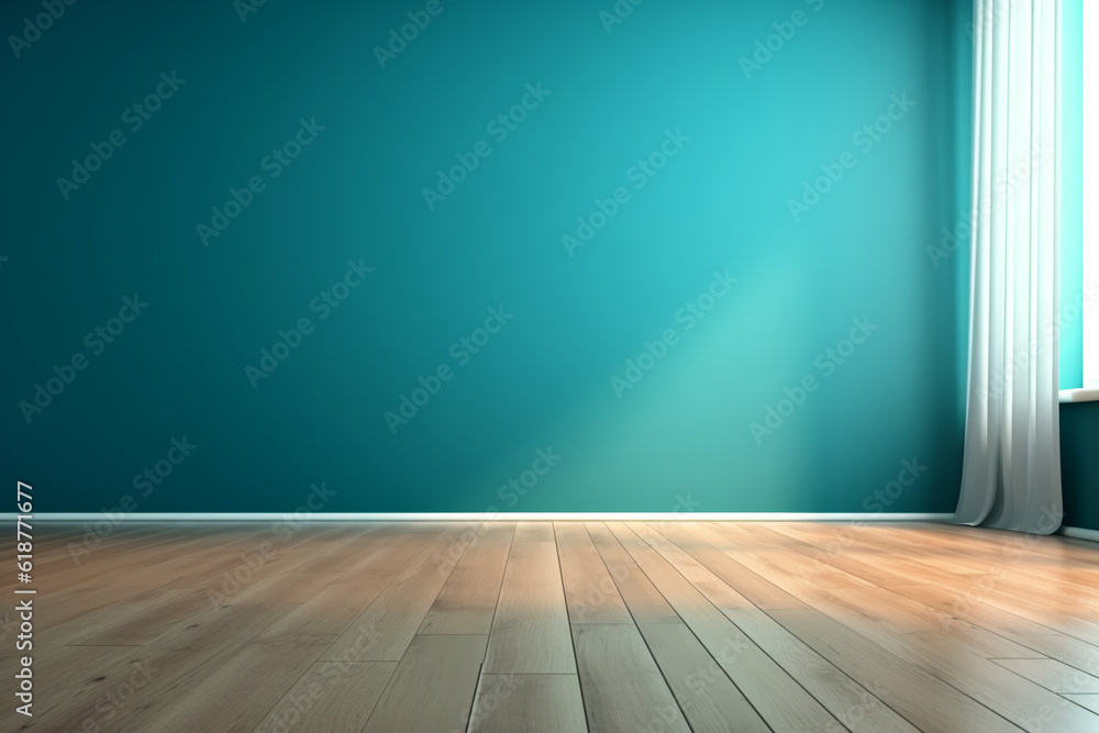 Blue turquoise empty wall and wooden floor with interesting with glare Blue turquoise empty wall and wooden floor with interesting with glare