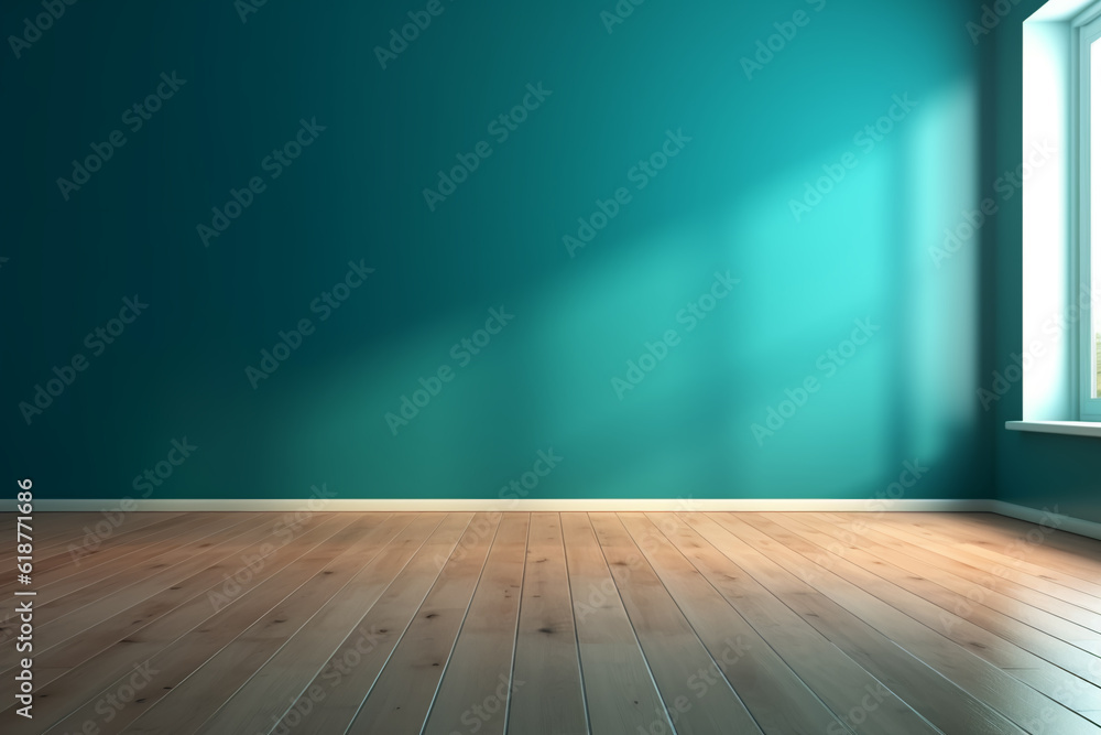 Blue turquoise empty wall and wooden floor with interesting with glare Blue turquoise empty wall and wooden floor with interesting with glare
