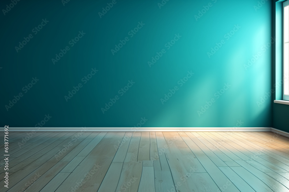 Blue turquoise empty wall and wooden floor with interesting with glare Blue turquoise empty wall and wooden floor with interesting with glare