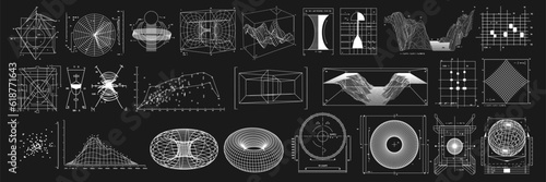 Wireframe of geometric shapes. 3D retro futuristic blueprints of spheres, waves, diagram, graphs. Vector set of graphics for design