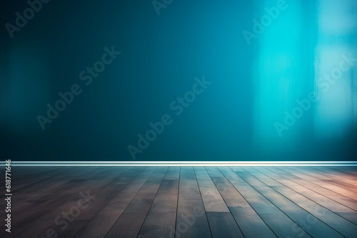 Blue turquoise empty wall and wooden floor with interesting with glare  © MUS_GRAPHIC
