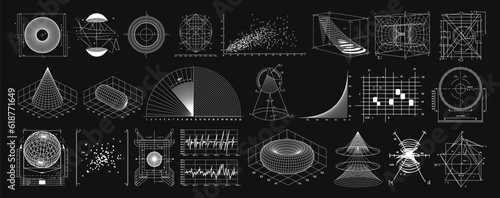 Wireframe of geometric shapes. 3D retro futuristic blueprints of spheres, waves, diagram, graphs. Vector set of graphics for design