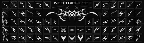Neo tribal shape. Gothic Y2K sharp elements, abstract symmetrical design, various decorative elements. Vector set photo