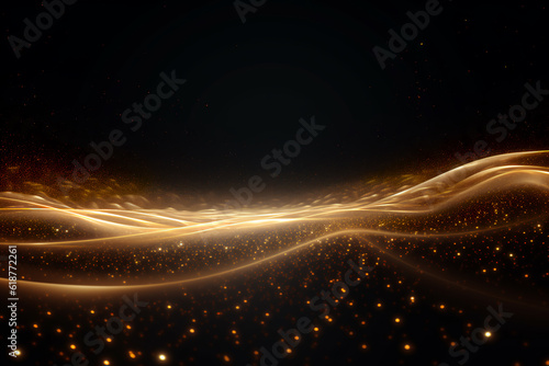 Digital Gold Particles Wave and light abstract background with shining floor particle stars dust. Futuristic glittering Luxury golden sparkling on black background