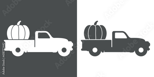 Logo thanksgiving day. Silueta de calabaza en furgoneta vintage para su uso en invitaciones y tarjetas 
