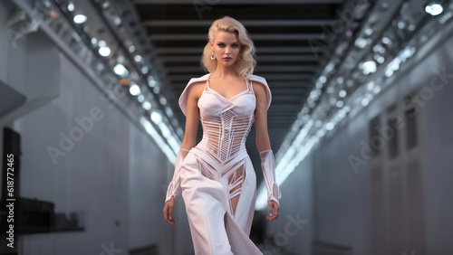 Hübsche blonde Model Frau in futuristischen weißen Lack Outfit im Tunnel mit vielen LED Lichter im Catwalk, ai generativ
