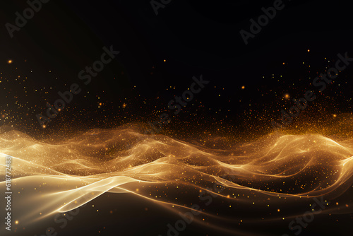 Digital Gold Particles Wave and light abstract background with shining floor particle stars dust. Futuristic glittering Luxury golden sparkling on black background