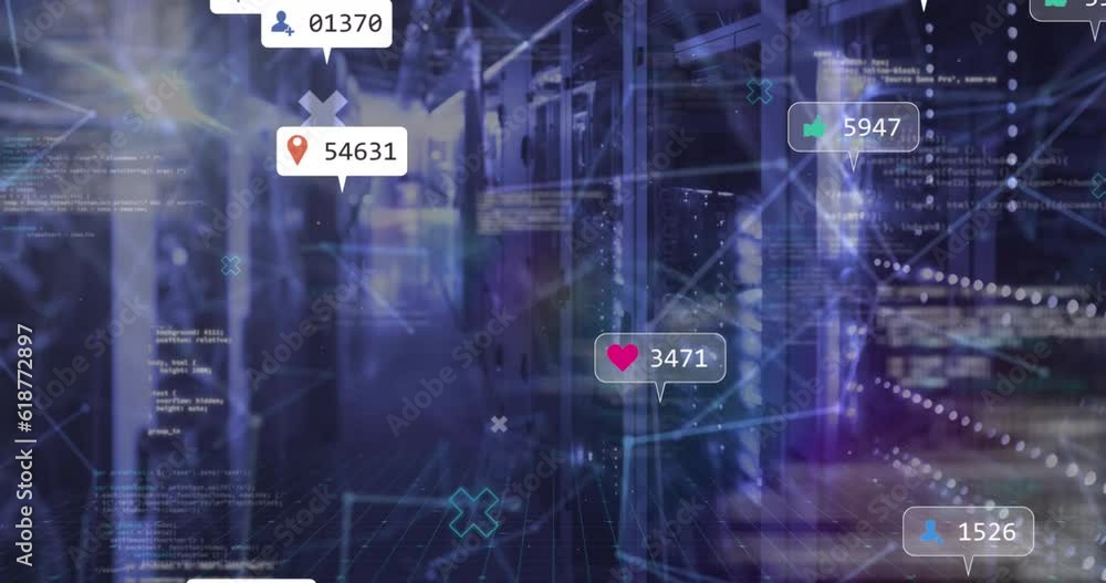Animation of data processing and social media icons over computer servers Animation of data processing and social media icons over computer servers