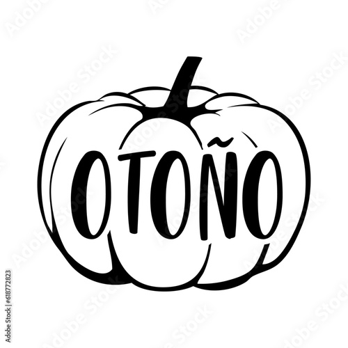 Logo con texto manuscrito otoño en español en calabaza para su uso en invitaciones y tarjetas 