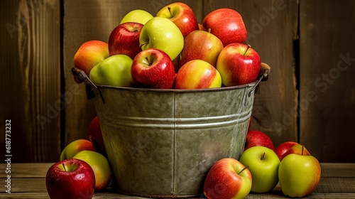 AI generated illustration of an old metal bucket overflowing with apples on a rustic wooden table